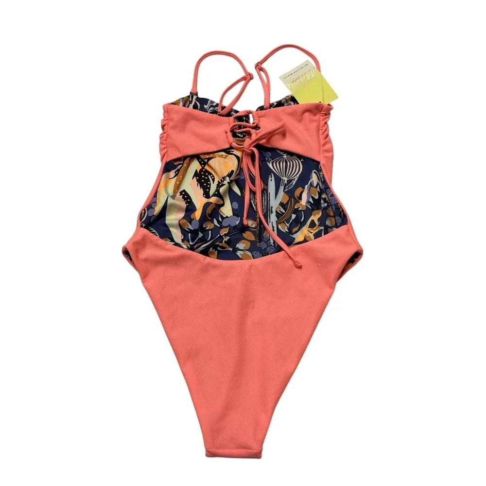 Maaji Swimsuit Reversible One Piece Pink Textured Blue Coral Ocean Print L Beach